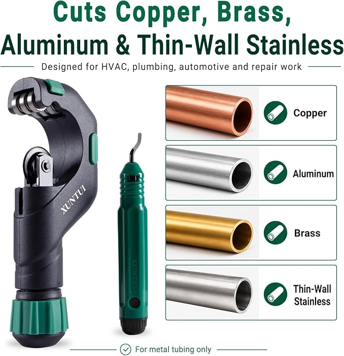 Copper Pipe Cutter, 3/16"-2" OD Tubing Cutter Kit | Cuts copper, brass, aluminum, EMT, exhaust & 304 thin-wall stainless tubing; deburrer, spare wheel & blade included