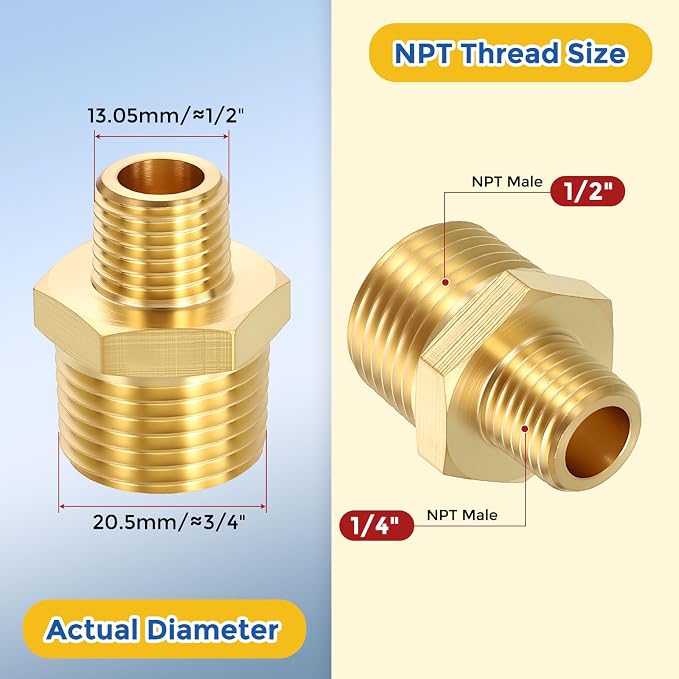 10 Pack Brass Pipe Fittings, 1/2" MNPT to 1/4" Male NPT | Brass Hex Nipple W/ Sealing Tape, Male Pipe Adapter Reducer for Air, Oil, LP, Gas