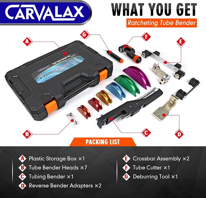 CARVALAX Pipe Tube Bender Set, Reverse Adapters, for 1/4” to 7/8” O.D | 90° ratcheting tubing bender kit, with 7 multi-color aluminum heads for HVAC, air condition and heating repair