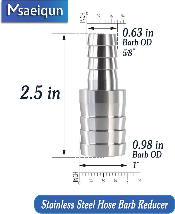 Stainless Steel Hose Barb Reducer 1" (25mm) to 5/8" (16mm) | with stainless steel hose clamps; suitable for pipe, fuel and air line repair, reducing connections and hose splicing 3-Pack