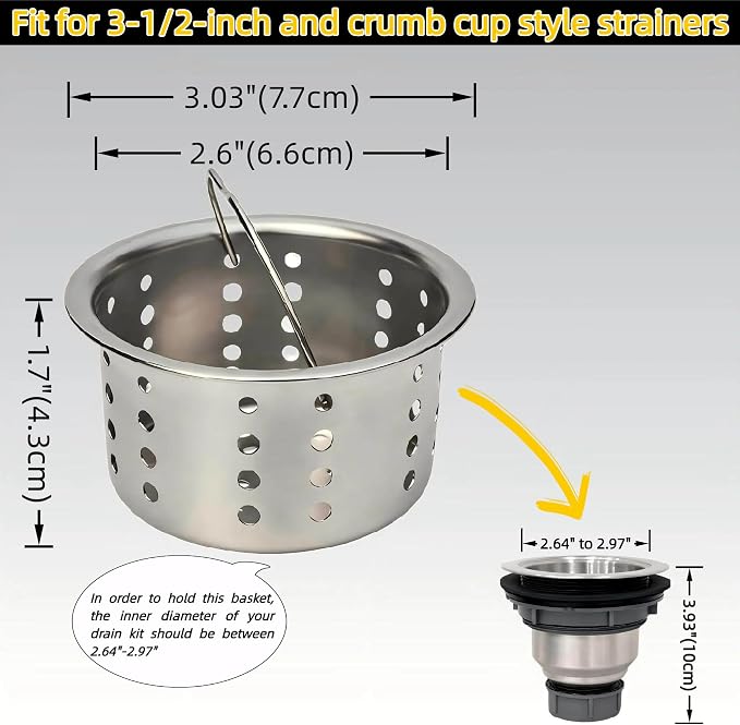 Updated Sink Strainer Basket Only, 3-inch Basket for 3.5 inch Kitchen Sink Strainer,Replacement Basket with Handle, Deep Cup SUS304 Bright Chrome,Food Catcher for Standard Kitchen Sink Drains