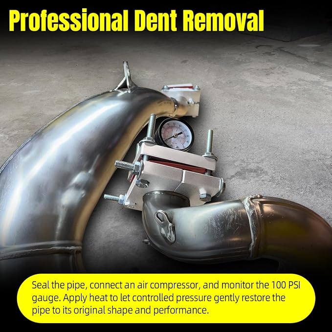 2 Stroke Exhaust Pipe Dent Repair Kit with 100 PSI Pressure Gauge | Fits 125 150 200 250 300 cc Pipes, Includes Safety Goggles, Header & Muffler End Sealing Plates with Sleeve Insert