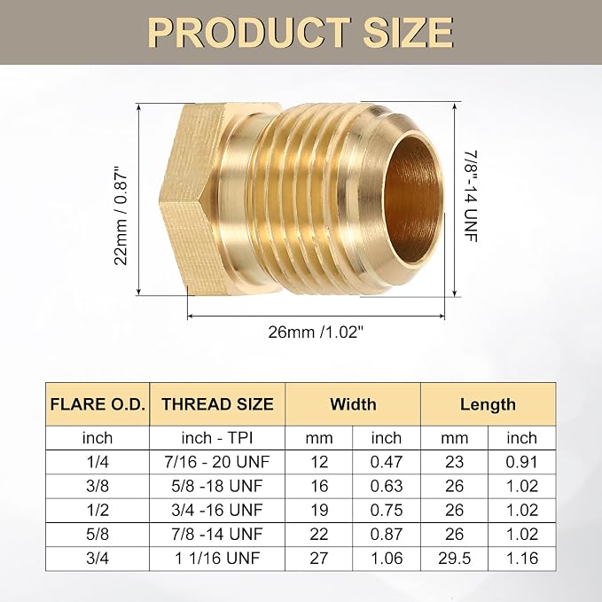 uxcell 2Pcs Brass Seal Plug, 7/8"-14 UNF Male Thread Hex Pipe Fitting, Flare Tube Fittings with Tape for Air Conditioner Pipe Extension Water Gas Line