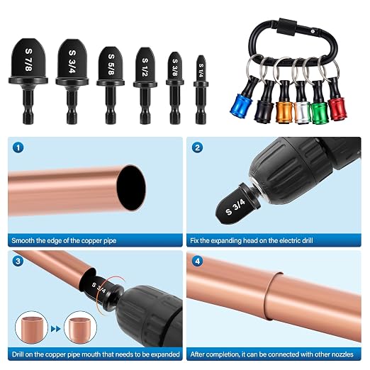 WADEO Swaging Tool HVAC Repairing Set with Bit Holder, Portable Copper Swage Tools HVAC Kit with Keychain, Air Conditioner Copper Tube Pipe Expander Drill Bit 1/4'' 3/8'' 1/2'' 5/8'' 3/4'' 7/8'' Black