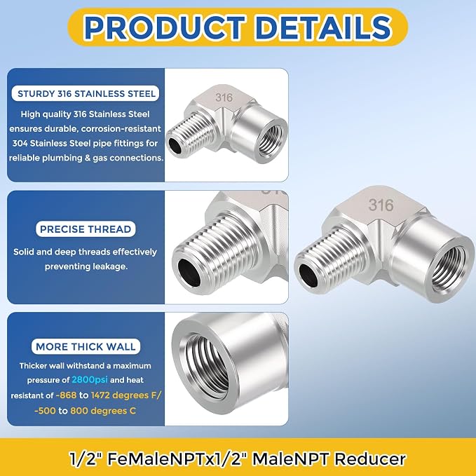2 Pack SUS316 90 Degree 1/4" FNPT to 1/4" MNPT Barstock Street Elbow | 316 Stainless Steel Pipe Fittings, Forged Pipe Fitting Connector with Sealing Tape for Air, Oil, LP, Gas, Fuel, Water