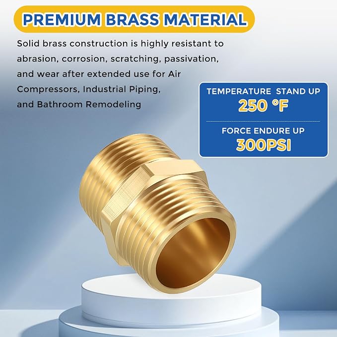 2 Pack Brass Pipe Fittings, 1" Male NPT to 1" Male NPT | Brass Hex Nipple, Male Pipe Adapter Reducer for Air, Oil, LP