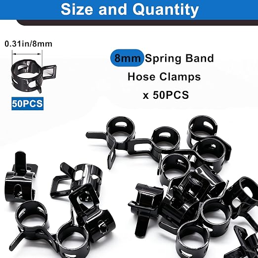 50Pcs 8mm Spring Band Hose Clamps, Black Fuel Line Hose Clamp Low Pressure Air Clip Strap for Silicone Vacuum Hose Fuel Line Clamps