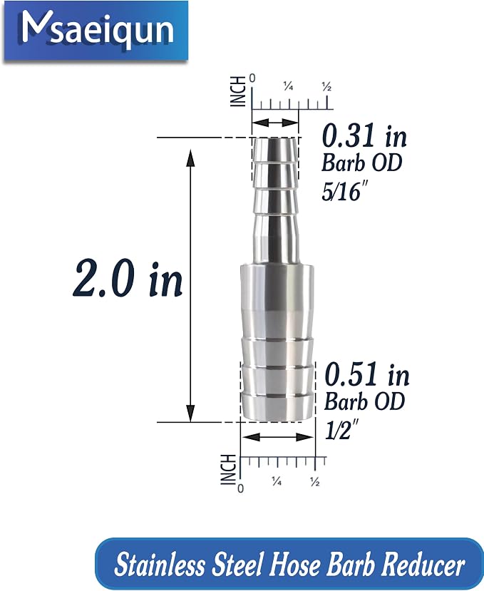 Stainless Steel Hose Barb Reducer 1/2" (12mm) to 5/16" (8mm) | with stainless steel hose clamps; suitable for pipe, fuel and air line repair, reducing connections and hose splicing 5-Pack