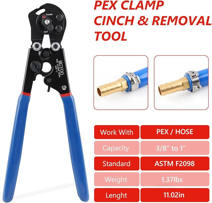 Pex Crimping Tool Kit Cinch and Remove Dual-Function Pex Crimp Tool 3/8" to 1" Pex Crimper with Pex Cutter and 35pcs 1/2" 3/4" Stainless Steel Pex Clamps