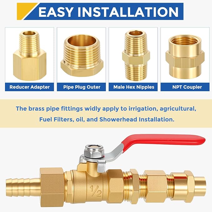 8 Pack Brass Pipe Fittings, 1/8" Male NPT to 1/8" Male NPT | Brass Hex Nipple W/ Sealing Tape, Male Pipe Adapter Reducer for Air, Oil, LP