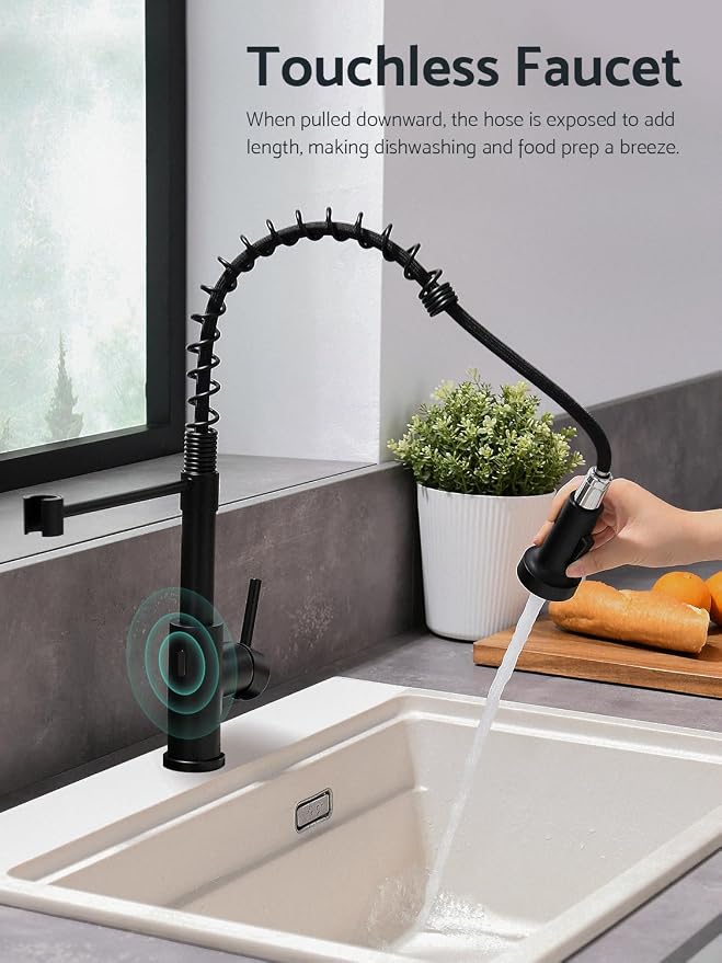 WEWE Touchless Kitchen Faucet, 2-Mode Sprayer, Matte Black, Pull-Down