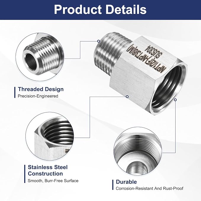 M METERXITY 2-Pack Garden Hose Adapter, Stainless Steel 1/2" NPT Female x 3/8" NPT Male Threaded Connector with Sealing Tape Garden Hose Convert Fitting for Pipe Fitting/Shower