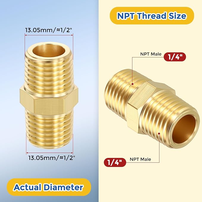 10 Pack Brass Pipe Fittings, 1/4" MNPT to 1/4" Male NPT | Brass Hex Nipple W/ Sealing Tape, Male Pipe Adapter Reducer for Air, Oil, LP, Gas