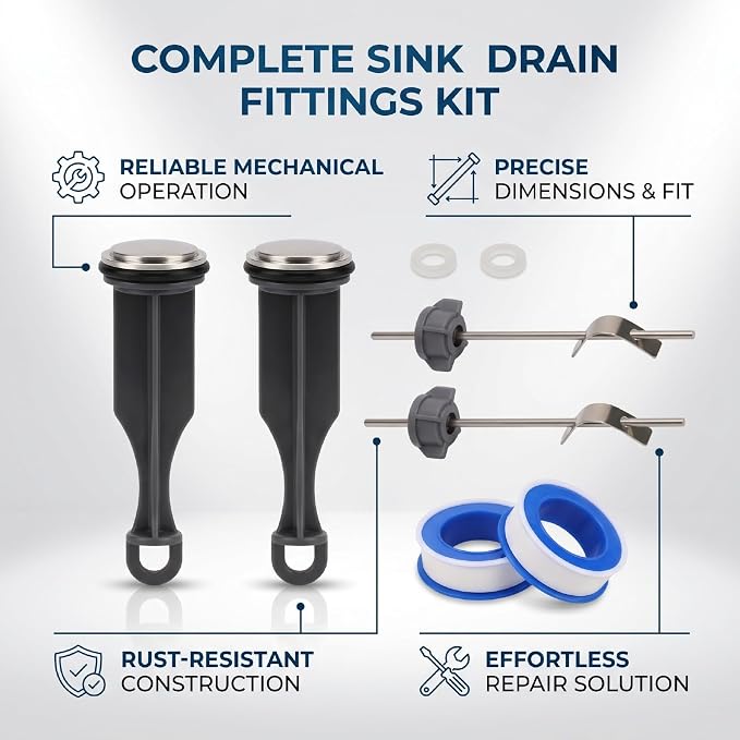Pop Up Stoppers, Pivot Rods, and Plumber Tape Bathroom Drain Kit for, 2 Stoppers and 2 Rods Pop Up Drain Repair Kit for Bathroom Sink