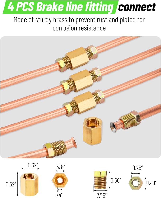 25 ft 1/4" Copper Coated Brake Line Kit (Includes 16 Fittings and 4 Unions Brake Line Fittings) + Brake Line Double & Single Flaring Tool Kit | Includes 16 Fittings, 4 Unions, Double & Single Flaring Tool For Automotive Brake Line System Transmission H...