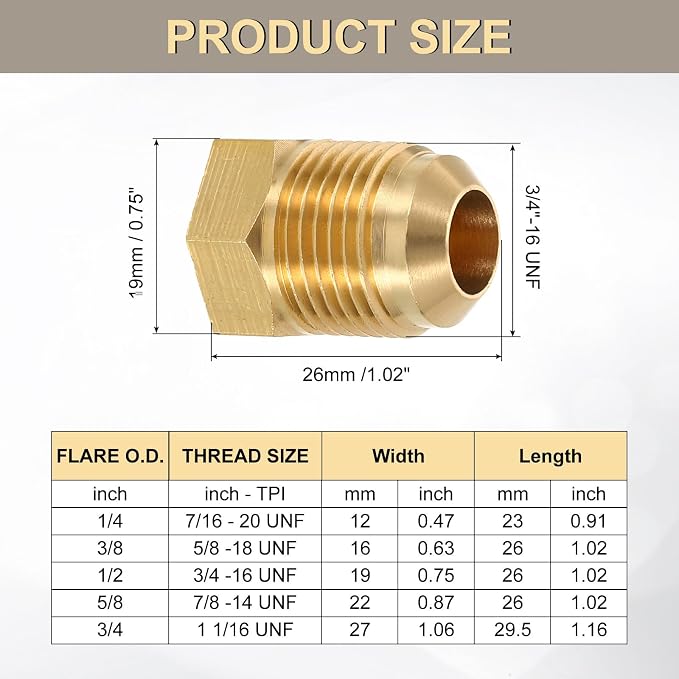 uxcell 4Pcs Brass Seal Plug, 3/4"-16 UNF Male Thread Hex Pipe Fitting, Flare Tube Fittings with Tape for Air Conditioner Pipe Extension Water Gas Line