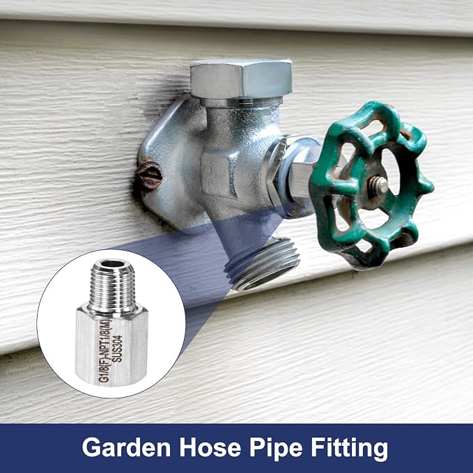 M METERXITY 2-Pack Garden Hose Adapter, Stainless Steel 1/8" g Female x 1/8" NPT Male Threaded Connector with Sealing Tape Garden Hose Convert Fitting for Pipe Fitting/Shower