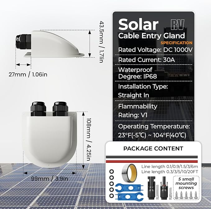 Solar Cable Entry Gland Waterproof PV Entry Gland Multiple Lengths with UV-Resistant PC Housing Includes Butyl Tape for RV Boat Roof Yacht Solar Systems (5FT White)