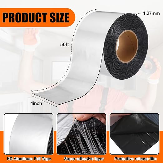 2 Pcs 50 Mil Heavy Duty Aluminum Foil Rubber Tape, Waterproof, for Sealing Roof Flashing, and Repairs in Punctures in Trailers, Truck Bodies, Containers, RVs and Campers (4" X 50')