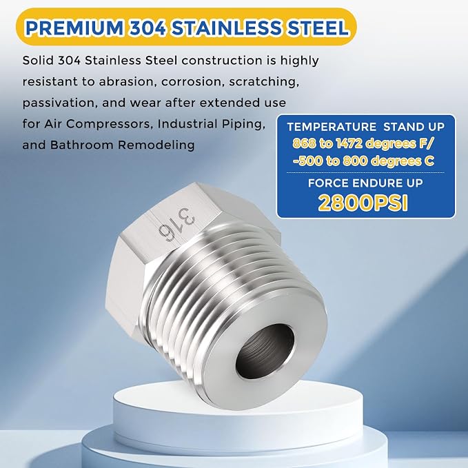 2 Pack SUS316 3/4" Male NPT to 1/4" FeMale NPT Hex Bushing Reducer | 316 Stainless Steel Pipe Fittings, Hose Tube Threaded Adapters with Sealing Tape for Air, Oil, LP, Gas, Fuel, Water
