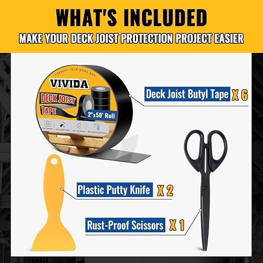 VIVIDA 2 in × 50 Ft Joist Tape for Decking 6 Roll, Deck Joist Butyl Tape | Waterproof Black Deck Joist Butyl Seal Tape, For Wood Beams, Roof, Accessories Included