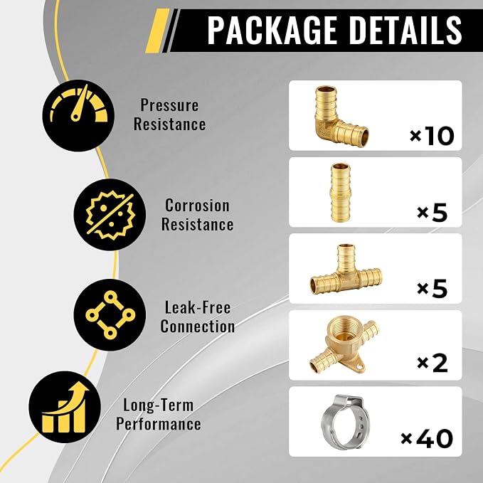 62 Pack Foskan 1/2 Inch PEX Barb Crimp Fittings Set | Includes 10pcs Elbows, 5pcs Tees, 5pcs Couplings,2pcs Drop Ear Elbows,And 40pcs Clamp rings,for PEX Plumbing Tubing