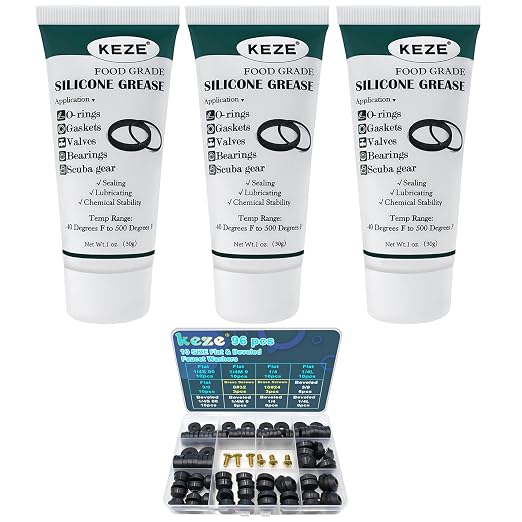KEZE 96 PCS 10 Size Faucet Washers Assorted Kit and 1 oz 3-Pack Silicone Grease for DIY Outdoor Faucets Stem Leak Worn Out Seal Repair