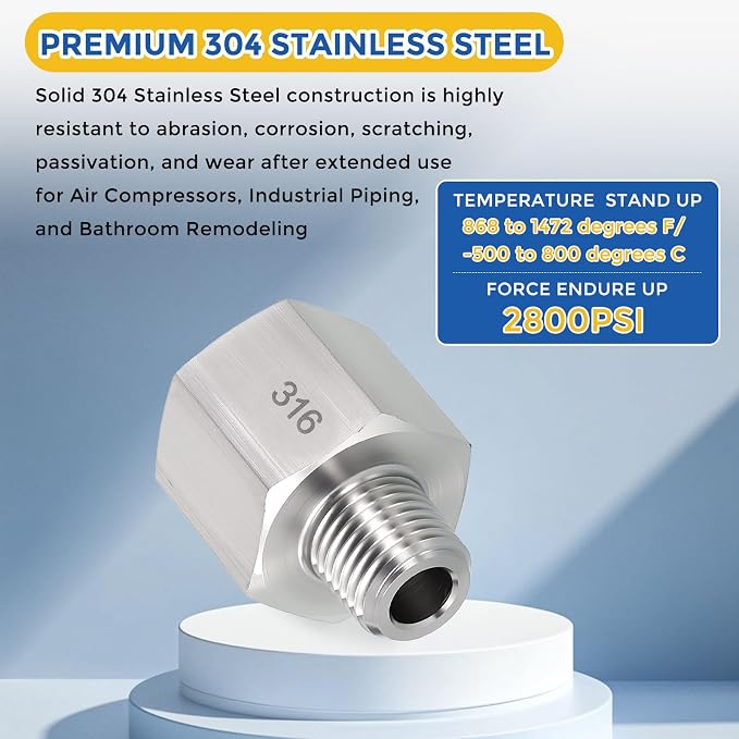 2 Pack SUS316 1/2"FeMale NPT to 1/4"Male NPT Pipe Extension Connector | 316 Stainless Steel Pipe Fittings Reducing Adapters with Sealing Tape for Air, Oil, LP, Gas, Fuel, Water