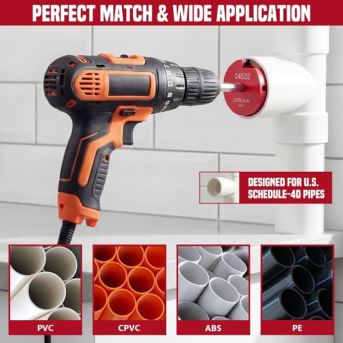 9Pcs PVC Pipe Reamer Kit, Durable Aluminum PVC Fitting Saver | Sch.40 CPVC ABS Lightweight Socket Saver Plumbing Tool Includes 1/2", 3/4", 1", 1-1/4", 1-1/2", 2", 2-1/2", 3", 4",1/2" Drill