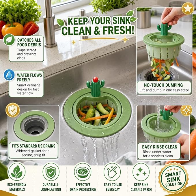 Upgraded Cactus Sink Strainer Basket with Widened Gasket, Green Kitchen Sink Strainer Fits 3.07"-4.25" Drains, Automatic Dumping Sink Filter Basket for Anti-Clog Food Catching (0.11 lbs, 1 Pack)