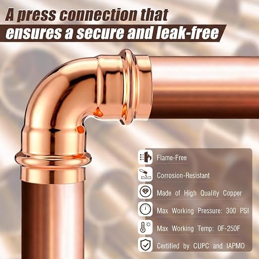 Therwen 5 Pcs 1 Inch Copper Pipe Press Fittings, 90 Degree Elbow Coupling Zero Lead, Elbow Press Adapter Fittings Coupling for Plumbing