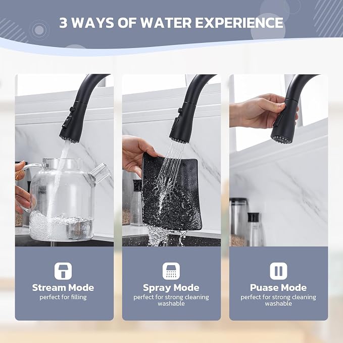 WEWE Kitchen Faucet with Soap Dispenser, 3-Mode Sprayer, Matte Black