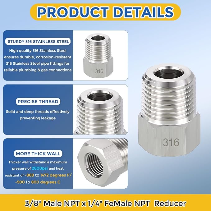 5 Pack SUS316 3/8" Male NPT to 1/4" FeMale NPT Hex Bushing Reducer | 316 Stainless Steel Pipe Fittings, Hose Tube Threaded Adapters with Sealing Tape for Air, Oil, LP, Gas, Fuel, Water