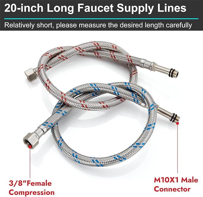 Midanya 20 Inch Sink Hose,3/8” Female x M10 Male Faucet Supply Lines,2 Pcs