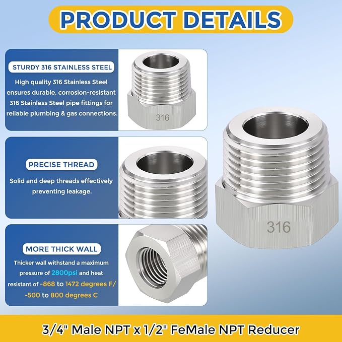 5 Pack SUS316 3/4" Male NPT to 1/2" FeMale NPT Hex Bushing Reducer | 316 Stainless Steel Pipe Fittings, Hose Tube Threaded Adapters with Sealing Tape for Air, Oil, LP, Gas, Fuel, Water