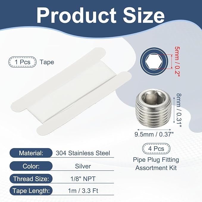 PATIKIL 1/8" NPT Male Internal Hex Pipe Fitting, 4 Pcs 304 Stainless Steel Pipe Plug Fitting Assortment Kit Countersunk Thread Head Socket Pipe Plug Fitting Adapter with Tape, Silver