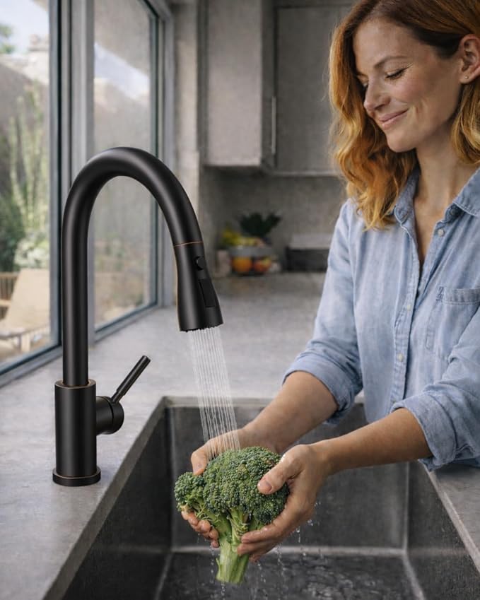 WEWE Pull-Down Kitchen Faucet, 3-Mode Sprayer, Oil Rubbed Bronze, High Arc