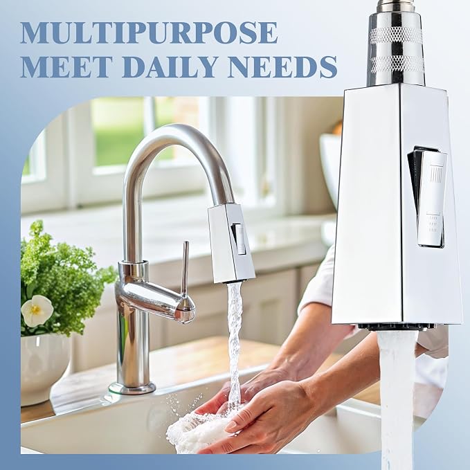 Square Kitchen Faucet Head Replacement Part, G1/2 (13/16" Male Thread) Pull Down Pull Out Sink Sprayer Nozzle, 2-Mode Stream & Spray Tap Spout Only, Splash-Free & Anti-Clog, Chrome
