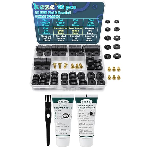 KEZE 96 PCS 10 Size Faucet Washers Assorted Kit and 1 oz 2-Pack Silicone Grease with Brush for DIY Outdoor Faucets Stem Leak Worn Out Seal Repair