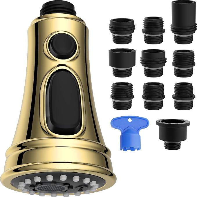 Hibbent Kitchen Faucet Head Replacement, NSF/ANSI/CAN 61 & CUPC Certified, 3 Function Pull Down Faucet Spray Nozzle - 10 Adapters Compatible with Moen, American Standard, Delta, Kohler-Polished Brass