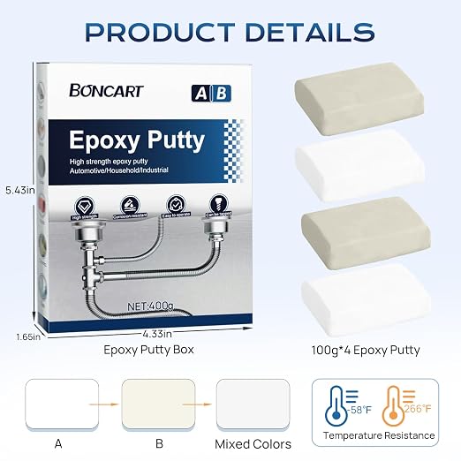 Boncart High Strength AB Epoxy Putty, 400g Steel Reinforced Repair Filler | Waterproof, Multi-Purpose, for Metal, Wood, Tile & Ceramics, Ideal for Bonding, Repairing & Sculpting (White)