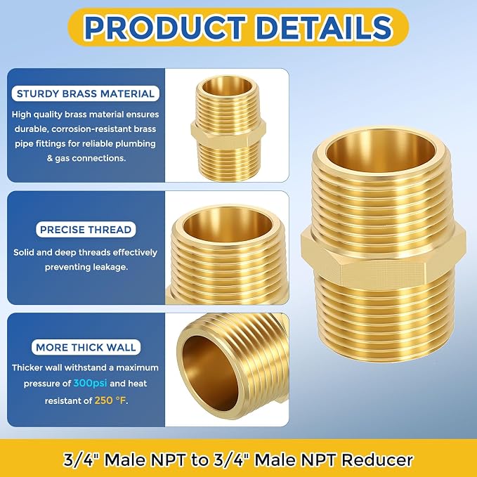 5 Pack Brass Pipe Fittings, 3/4" Male NPT to 3/4" Male NPT | Brass Hex Nipple, Male Pipe Adapter Reducer for Air, Oil, LP