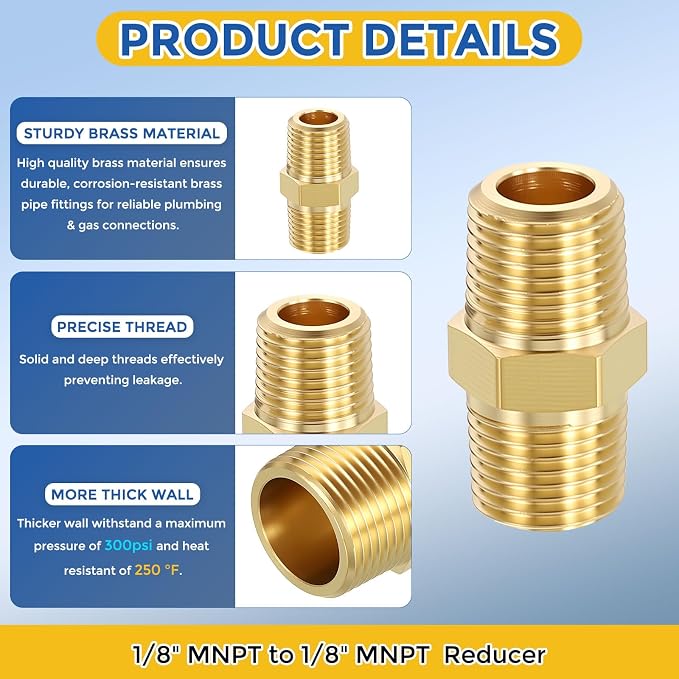 4 Pack Brass Pipe Fittings, 1/8" MNPT to 1/8" Male NPT | Brass Hex Nipple W/ Sealing Tape, Male Pipe Adapter Reducer for Air, Oil, LP, Gas
