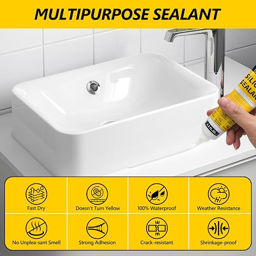 LISRUX Advanced White Silicone Caulk for Kitchen & Bathroom - 2 Pack (3.2 Fl Oz Each) | 100% Waterproof Silicone Sealant | Super Strong Adhesion, Shrink & Crack Proof
