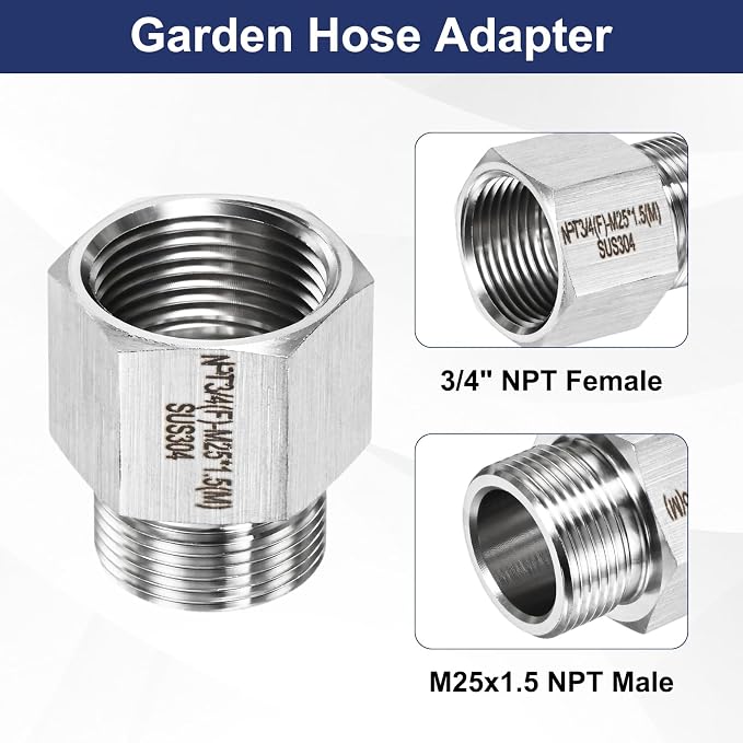 M METERXITY 2-Pack Garden Hose Adapter, Stainless Steel 3/4" NPT Female x M25x1.5 NPT Male Threaded Connector with Sealing Tape Garden Hose Convert Fitting for Pipe Fitting/Shower
