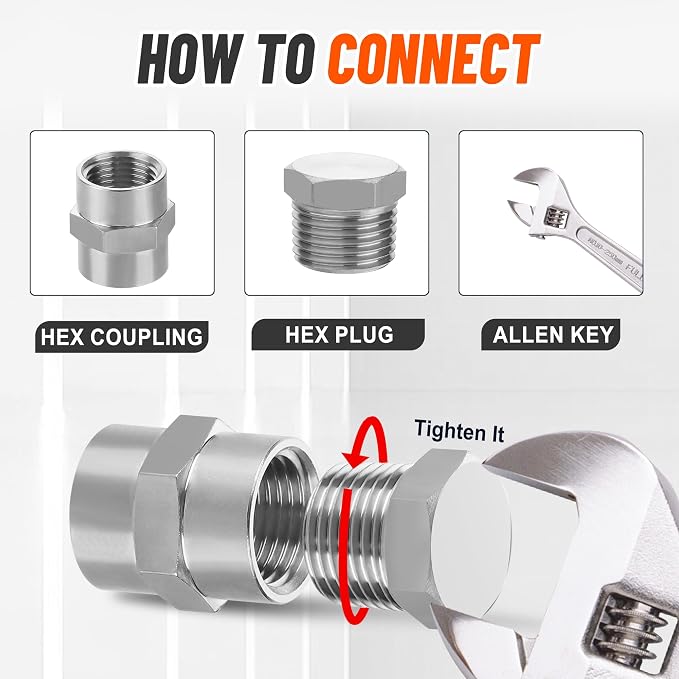20PCS Stainless Steel Pipe Hex Head Plugs,1/8" 1/4" 3/8" 1/2" 3/4" | 304 Stainless Steel 1/8,1/4,3/8,1/2,3/4 Inch NPT Male Thread Outer Hex Head Plug Fittings Assortment Kit