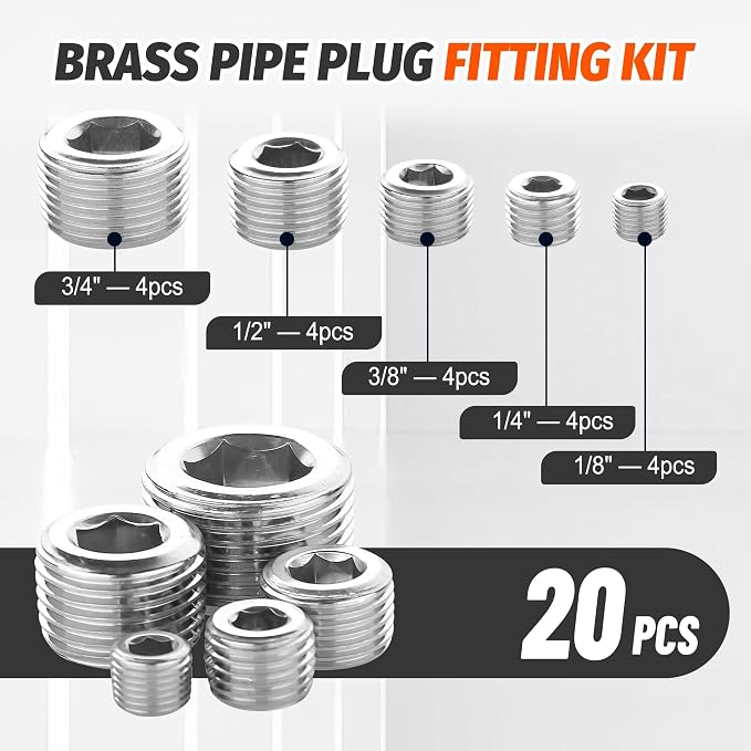 20Pcs Stainless Steel Pipe Socket Plugs,1/8" 1/4" 3/8" 1/2" 3/4" | 304 Stainless Steel NPT Male Thread Internal Hex Socket Pipe Plug Fittings Assortment,5 Sizes