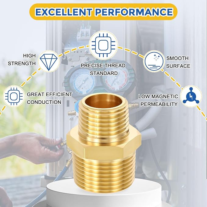 2 Pack Brass Pipe Fittings, 3/4" MNPT to 1/2" Male NPT | Brass Hex Nipple W/ Sealing Tape, Male Pipe Adapter Reducer for Air, Oil, LP, Gas