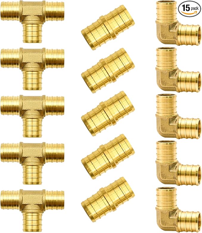 15pcs 3/4" Brass PEX Fittings, Elbow TEE Straight Couplings Set | for PEX Pipe
