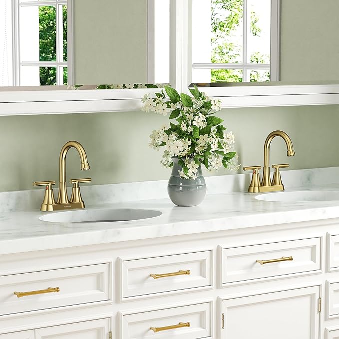 Brushed Gold Bathroom Faucet, Hurran 4 inch Centerset 2-Handle Lead-Free